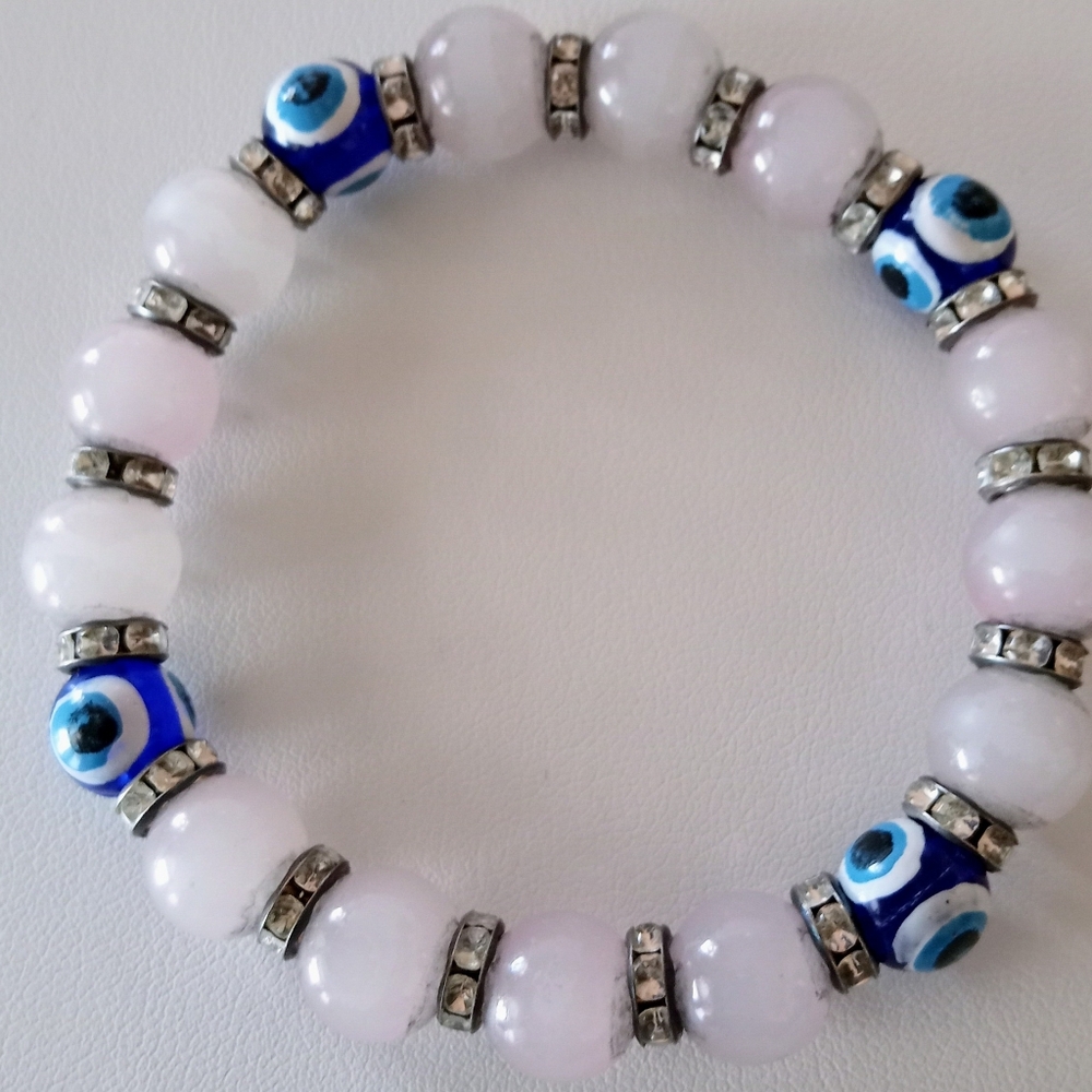Stretchable Type Evil Eye Pinkish White Glass Beads Faux Pearl Silvr Connectors